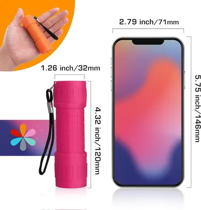 Communicates the physical dimensions of the product (a small flashlight) to show its compact, portable size and how it compares to a smartphone for scale reference.