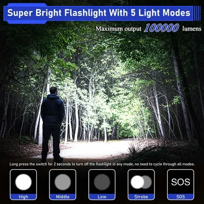 Communicates the flashlight's exceptional brightness capability (100,000 lumens) to demonstrate its powerful performance and versatility with multiple lighting modes. Showcases multiple distinct…