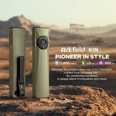 Showcases multiple technical specifications and benefits of the Arkfeld Ultra flashlight, emphasizing its brightness, laser capability, UV light, premium OAL material construction, and versatile…