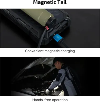 Demonstrates the magnetic tail feature that enables convenient magnetic charging and hands-free operation, showing the product's versatility and ease of use in automotive/repair scenarios.