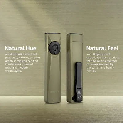 Highlights two distinct design benefits of the product: the natural olive green color aesthetic and the unique tactile texture that mimics sun-warmed leaves after rain.