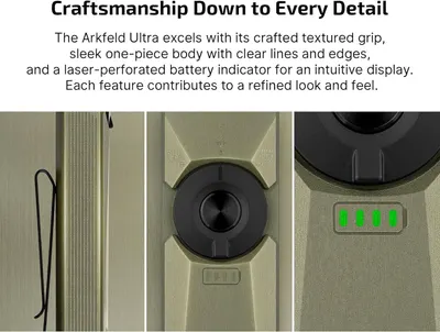 Highlights the craftsmanship and specific design details of the product—textured grip, sleek body construction, and intuitive battery display—to communicate premium quality and thoughtful…