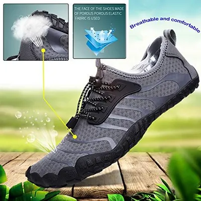 Communicates multiple key benefits of the shoe including breathability, comfort, and water-resistant materials through a segmented visual layout with callouts.