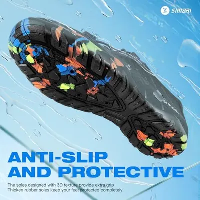 Highlights the shoe's sole design and protective features to reassure shoppers about safety, grip, and foot protection in wet or slippery conditions. Communicates the primary benefit of enhanced…