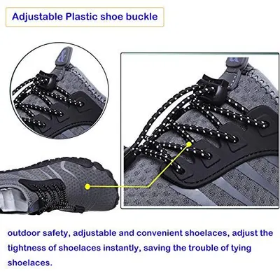 Highlights the adjustable plastic shoe buckle feature with zoom-in callouts and arrows to show shoppers the specific component that enables quick, convenient shoelace adjustment without tying.…