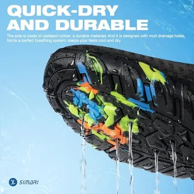 This image uses a cutaway view to show the internal drainage system and material construction of the sole, demonstrating how the shoe keeps feet cool and dry through multiple drainage holes and…