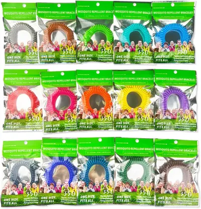 Displays the full range of color options available for the mosquito repellent bracelet product line, helping shoppers understand the variety and choose their preferred color.