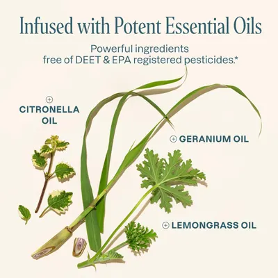 Breaks down the key natural ingredients (essential oils) in the product to communicate its botanical composition and pesticide-free formulation, reassuring shoppers about ingredient quality and…