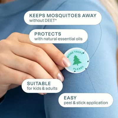 Communicates multiple key benefits of the mosquito repellent patch in a segmented layout, emphasizing safety, natural ingredients, ease of use, and broad suitability to reassure shoppers.