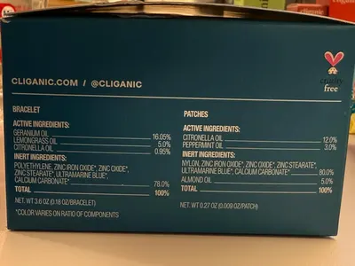 This image shows the complete contents of the package (bracelet and patches) along with detailed ingredient lists for each item, helping shoppers understand exactly what they're receiving and what's…