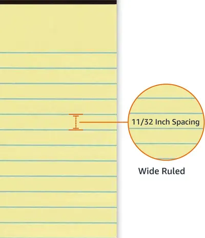 Communicates the precise line spacing (11/32 inch) of the wide-ruled paper to help shoppers understand the physical dimensions and suitability for their writing needs. Highlights the wide-ruled…
