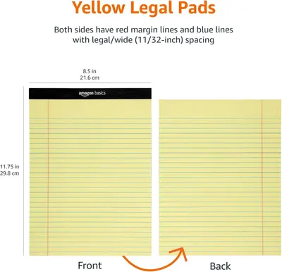 Communicates the exact physical dimensions of the legal pads (8.5 x 11.75 inches / 21.6 x 29.8 cm) to help shoppers understand the product size before purchase. Highlights that both sides of the pad…