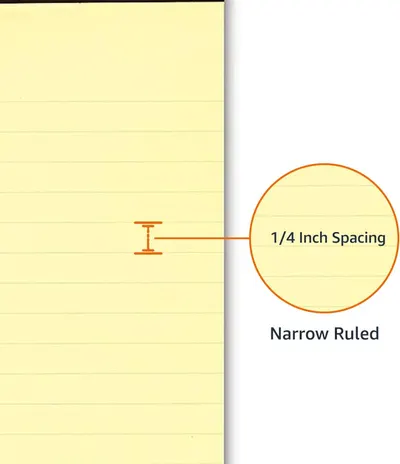 Communicates the precise line spacing measurement of the narrow ruled paper to help shoppers understand the product specifications and determine if it meets their writing needs.