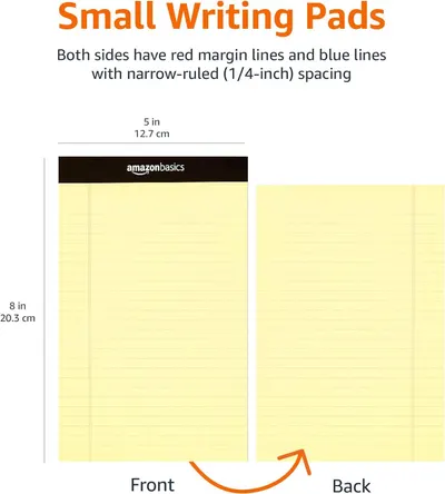 Communicates the exact physical size of the writing pads (5 x 8 inches) to help shoppers understand the product's dimensions before purchase. Highlights the key product features—narrow-ruled spacing…