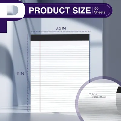 Communicates the exact physical dimensions of the notepad (8.5 x 11 inches) and quantity (50 sheets) to help shoppers understand the product size and value.