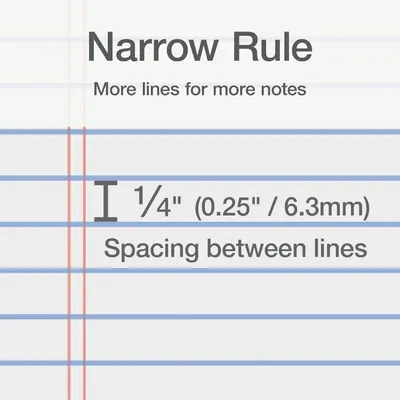 Communicates the precise line spacing measurement (1/4 inch or 6.3mm) of the narrow-ruled paper to help shoppers understand the product's physical specifications and suitability for their writing…