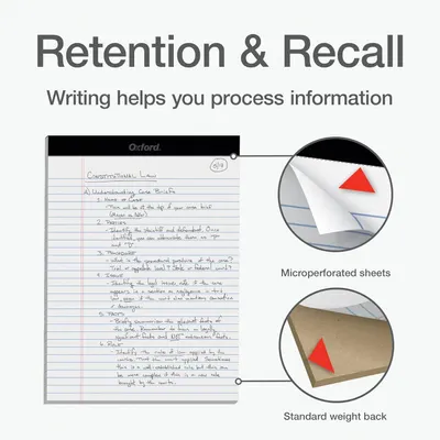 Highlights the physical construction features of the notebook, specifically the microperforated sheets for easy tearing and the standard weight backing for durability, reassuring shoppers about the…