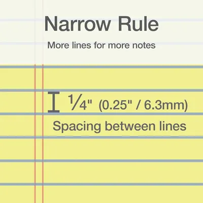 Communicates the precise spacing between lines (1/4 inch or 6.3mm) to help shoppers understand the narrow rule format and determine if it meets their note-taking needs.