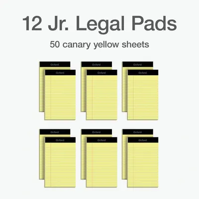 Shows the customer exactly what they receive in the package: 12 junior legal pads with 50 canary yellow sheets each, helping them understand the bundle quantity and value.