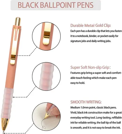 This image breaks down the physical components and features of the ballpoint pen, highlighting the gold clip, non-slip grip, and smooth writing tip to help shoppers understand the product's…