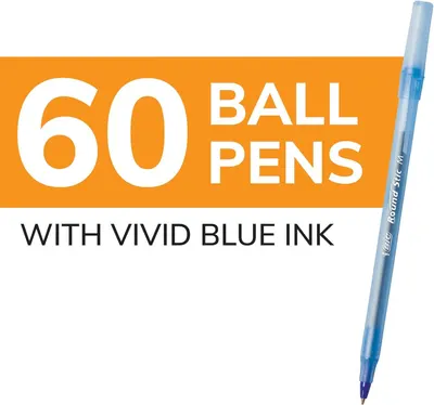 Communicates the pack size (60 pens) and ink color (vivid blue) to help shoppers understand what they receive in the purchase.