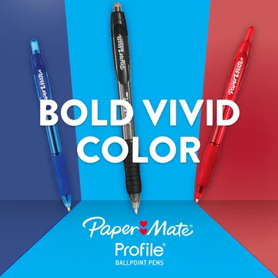 Showcases the Paper Mate Profile ballpoint pen product line in multiple bold, vivid colors to communicate brand identity and available color options to shoppers.