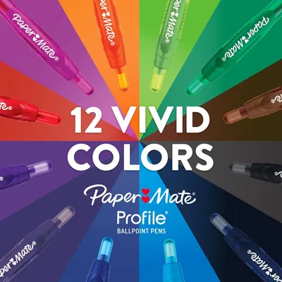 Showcases the Paper Mate Profile ballpoint pen product line with emphasis on the 12 vivid color options available, helping shoppers understand the variety and brand identity.