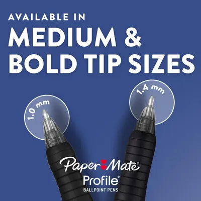 Showcases the brand's product line by highlighting that the Paper Mate Profile ballpoint pens are available in two different tip sizes (1.0mm medium and 1.4mm bold), helping shoppers choose the…