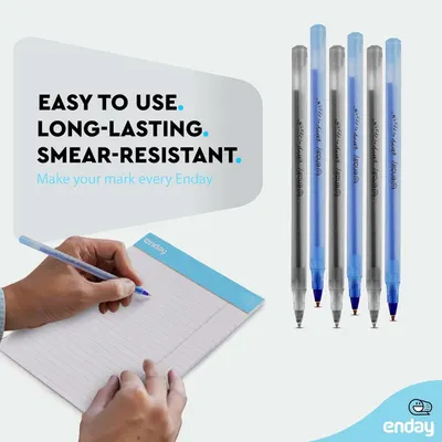 Communicates three distinct product benefits in a segmented layout to reassure shoppers that these pens are user-friendly, durable, and reliable for everyday writing.