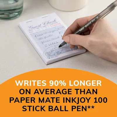 Demonstrates the product's superior performance by showing it writes 90% longer than a competing pen brand, reassuring shoppers of better value and longevity. Highlights the quantifiable performance…