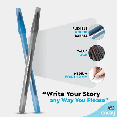 Communicates multiple distinct product features in a segmented layout with circular callouts, highlighting the pen's flexible barrel design, value pack offering, and medium point size to help…