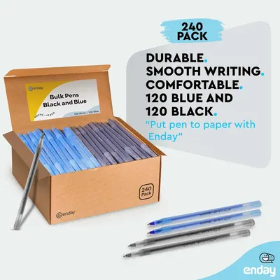 Communicates multiple selling benefits of the bulk pen pack including durability, smooth writing experience, comfort, and the value of a large 240-piece quantity split between blue and black pens.