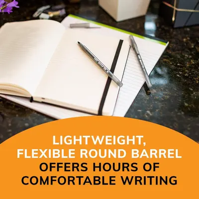 Communicates the pen's lightweight and flexible barrel design to reassure shoppers that it provides comfortable, extended writing sessions.