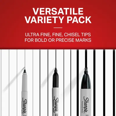 Communicates that the product includes multiple marker tip options (ultra fine, fine, chisel) in one variety pack, helping shoppers understand the versatility and value of what they receive.