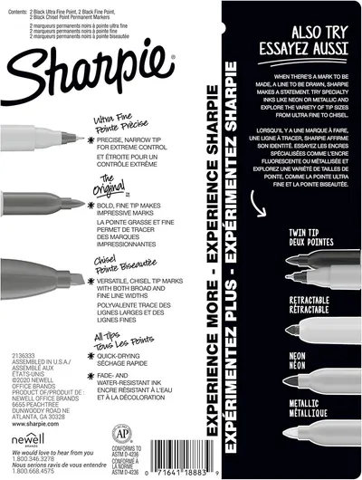 This image breaks down the different tip types and marker variants available in the Sharpie product line, helping shoppers understand the physical differences and choose the right marker for their…