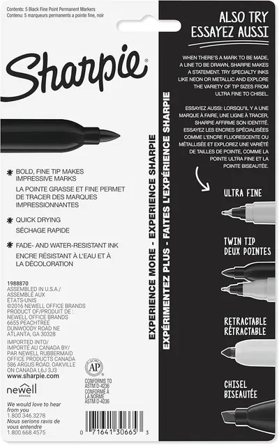 Communicates multiple key product benefits in a segmented layout to help shoppers understand the marker's performance features and quality. Reinforces the Sharpie brand and showcases the variety of…