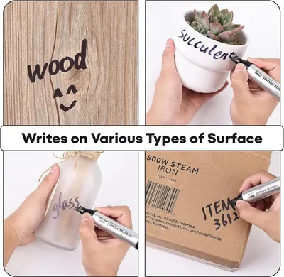 Demonstrates that the marker can write on multiple different surfaces including wood, ceramic, glass, and cardboard, reassuring shoppers of its versatility and wide range of uses.