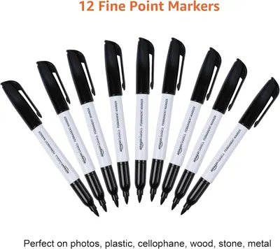 Shows the complete set of 12 markers included in the purchase and highlights their versatility across multiple surfaces (photos, plastic, cellophane, wood, stone, metal).