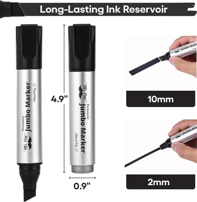 Communicates the physical size of the marker (4.9 inches length, 0.9 inches width) and demonstrates the line width capabilities (10mm and 2mm) to help shoppers understand the product's scale and…
