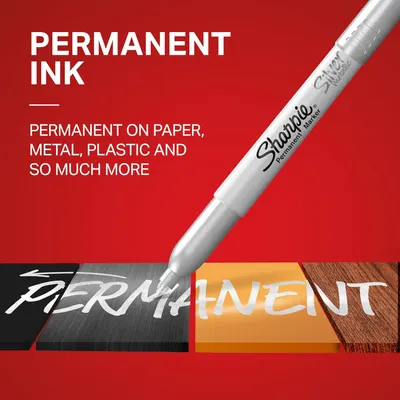 Demonstrates that the Sharpie marker works on multiple surfaces including paper, metal, plastic, and wood, reassuring shoppers of its versatility and wide range of uses. Highlights the permanent ink…