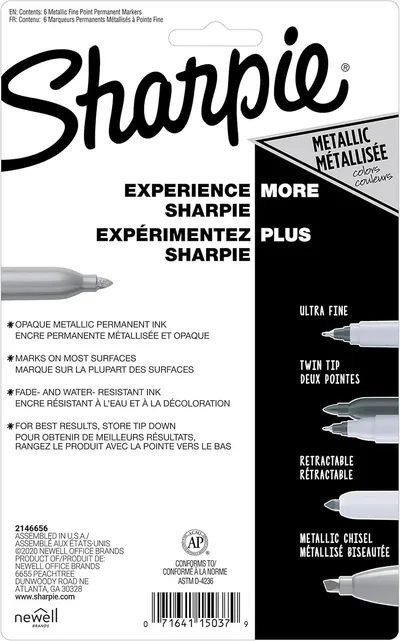 Showcases the Sharpie brand's metallic marker product line, displaying different tip types (Ultra Fine, Twin Tip, Retractable, Metallic Chisel) to help shoppers understand the variety of options…