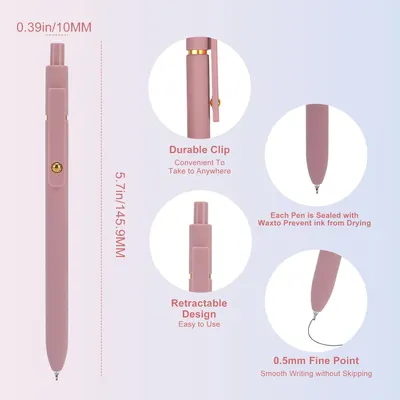 This image breaks down the pen's key physical features and design elements—clip portability, retractable mechanism, wax seal for ink protection, fine point tip, and exact dimensions—to help shoppers…