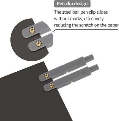 Highlights the specific physical component of the pen clip mechanism, explaining how the steel ball design reduces paper scratching to reassure shoppers of the product's quality and thoughtful…