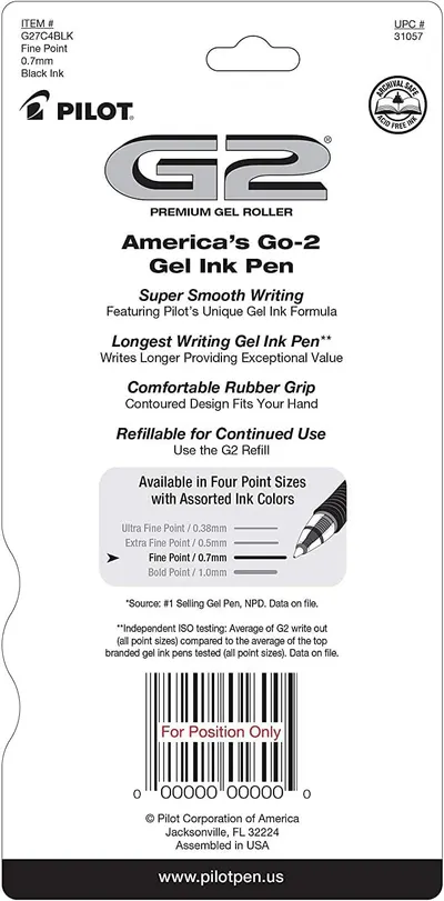 Communicates multiple distinct selling benefits of the G2 gel pen in a segmented layout, highlighting smooth writing, longevity, comfort, and refillability to persuade shoppers of the product's…