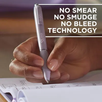 Highlights the pen's clean writing technology that prevents smearing, smudging, and bleeding, reassuring shoppers of a superior writing experience.