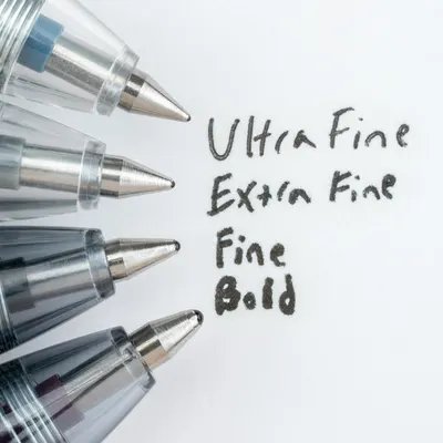 Demonstrates the product's versatility by showing four different tip sizes (Ultra Fine, Extra Fine, Fine, Bold) to help shoppers understand the range of line widths available for different writing…
