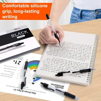 Highlights the pen's comfortable silicone grip and long-lasting writing capability to reassure shoppers about ergonomic design and durability for extended use.