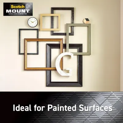 Demonstrates that Scotch Mount double-sided mounting tape is suitable for use on painted walls, reassuring shoppers that it works effectively in home décor applications without damaging surfaces.
