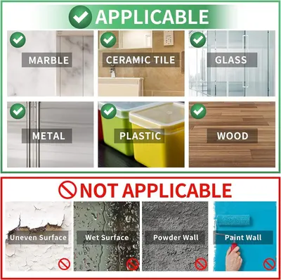 Shows shoppers which surfaces and materials the product works with (marble, ceramic tile, glass, metal, plastic, wood) and which it does not (uneven surfaces, wet surfaces, powder walls, paint…