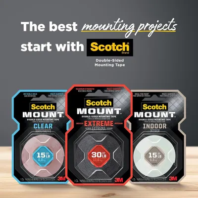 Showcases the Scotch brand's product lineup of double-sided mounting tapes, displaying three different variants (Clear, Extreme, Indoor) to help shoppers understand the brand's range and choose the…